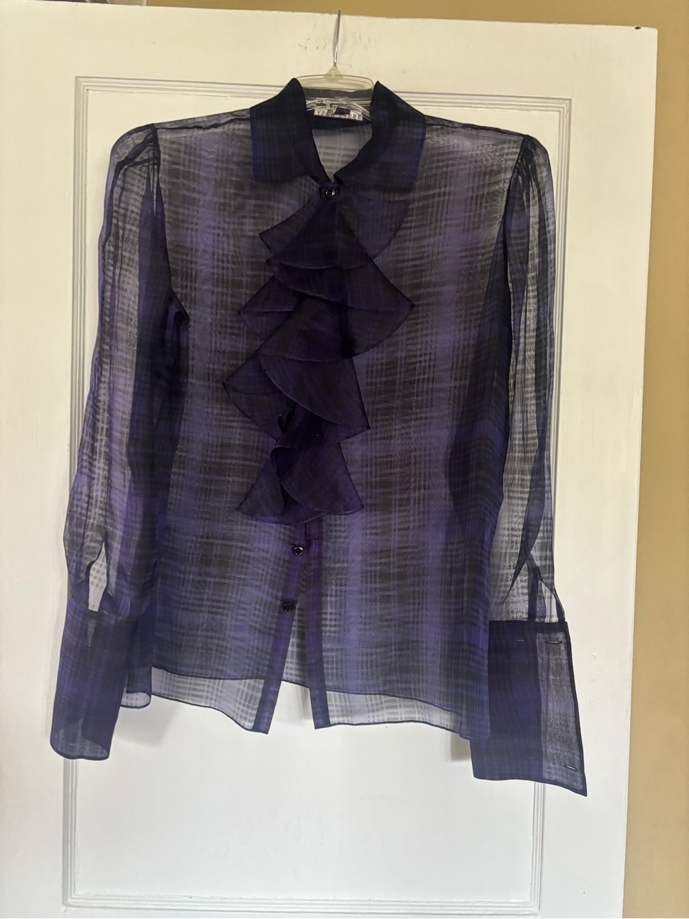 Ralph Lauren Sheer Dark Purple Ruffle Front Blouse